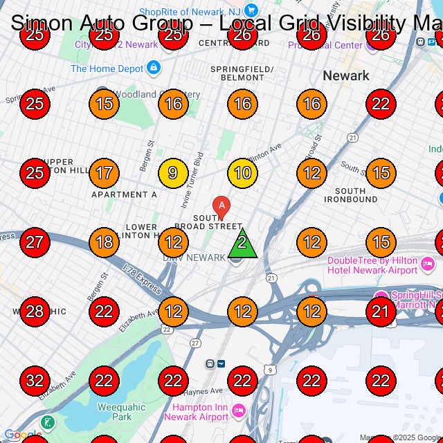 Simon Auto Group GeoGrid visibility map for Used Car Dealer in Newark